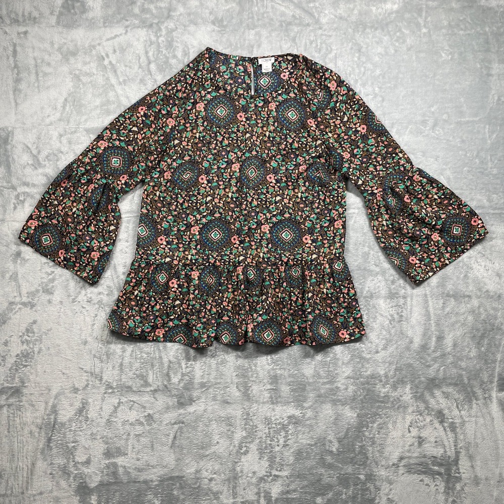 J Crew Floral Peplum Bell Sleeve Blouse Womens Navy Blue Pink Green Boho XS